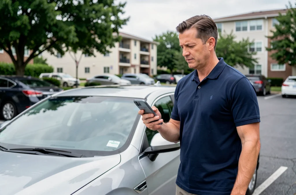 Homme tenant un smartphone avec un devis d'assurance tous risques devant une voiture dans un parking résidentiel