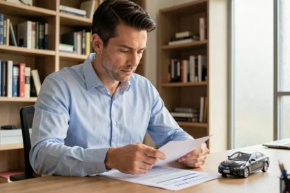 Homme consultant des documents d'assurance crédit auto à son bureau avec une voiture miniature