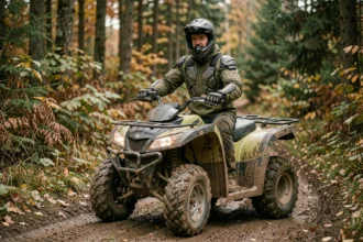 Homme en équipement de protection sur un quad 250cc sur un sentier forestier boueux