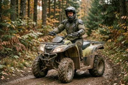 Homme en équipement de protection sur un quad 250cc sur un sentier forestier boueux