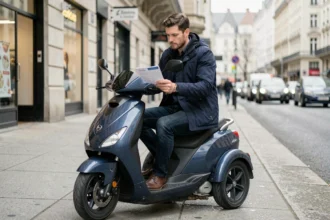 Homme assis sur un scooter 3 roues en ville tenant un document d'assurance