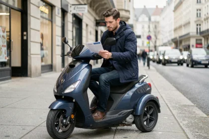 Homme assis sur un scooter 3 roues en ville tenant un document d'assurance