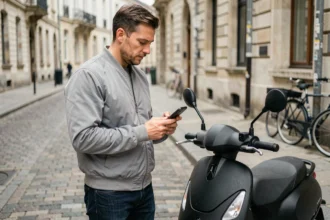 Homme consultant son smartphone à côté de son scooter pour comparer des assurances scooter pas chères en ville
