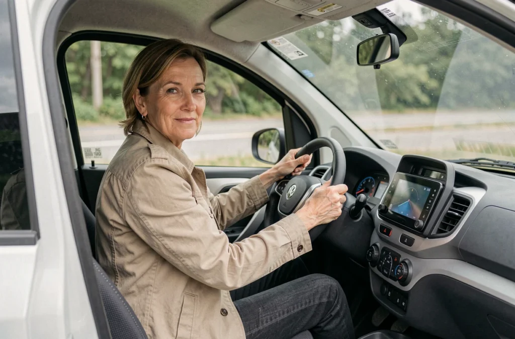 Femme assise au volant d'une Aixam électrique, intérieur du véhicule sans permis