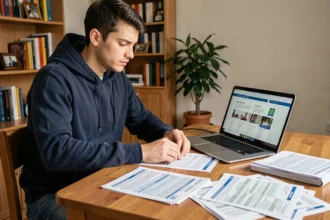 Jeune conducteur comparant des offres d'assurance voiture sur ordinateur portable avec des documents sur un bureau en bois