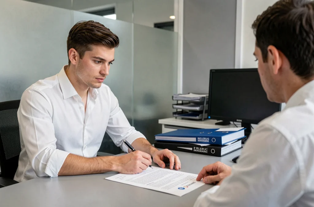 Jeune conducteur en rendez-vous avec un conseiller en assurance voiture dans une agence moderne examinant un contrat