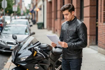 Jeune conducteur malussé consultant son contrat d'assurance moto à côté de sa moto en ville