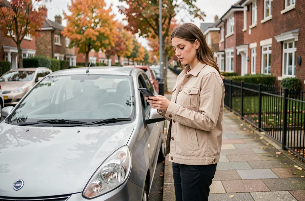 Jeune femme conductrice consultant une application d'assurance voiture sur smartphone devant sa voiture dans une rue résidentielle