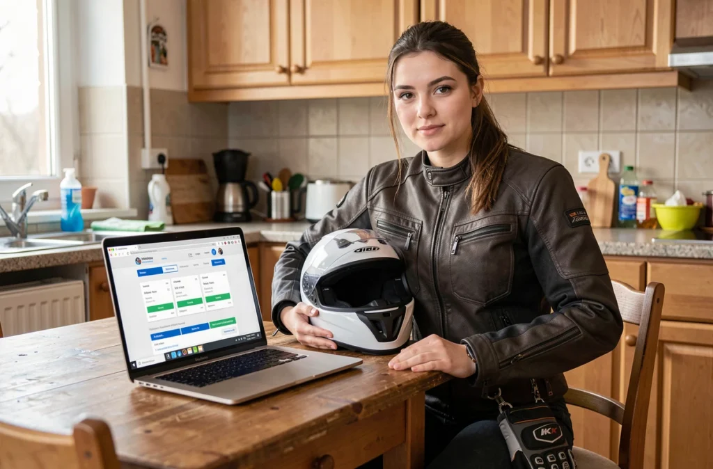 Jeune conductrice avec malus cherchant une assurance moto en ligne depuis chez elle