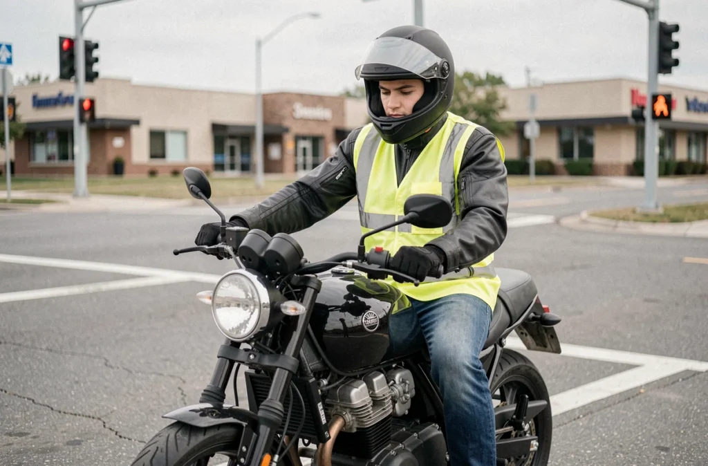 Jeune motard malussé arrêté à un carrefour urbain avec son équipement de sécurité complet