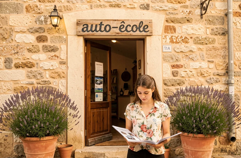 Devanture pittoresque de l'auto-école La Rose De Sable dans le village provençal de Fayence avec une élève consultant son manuel