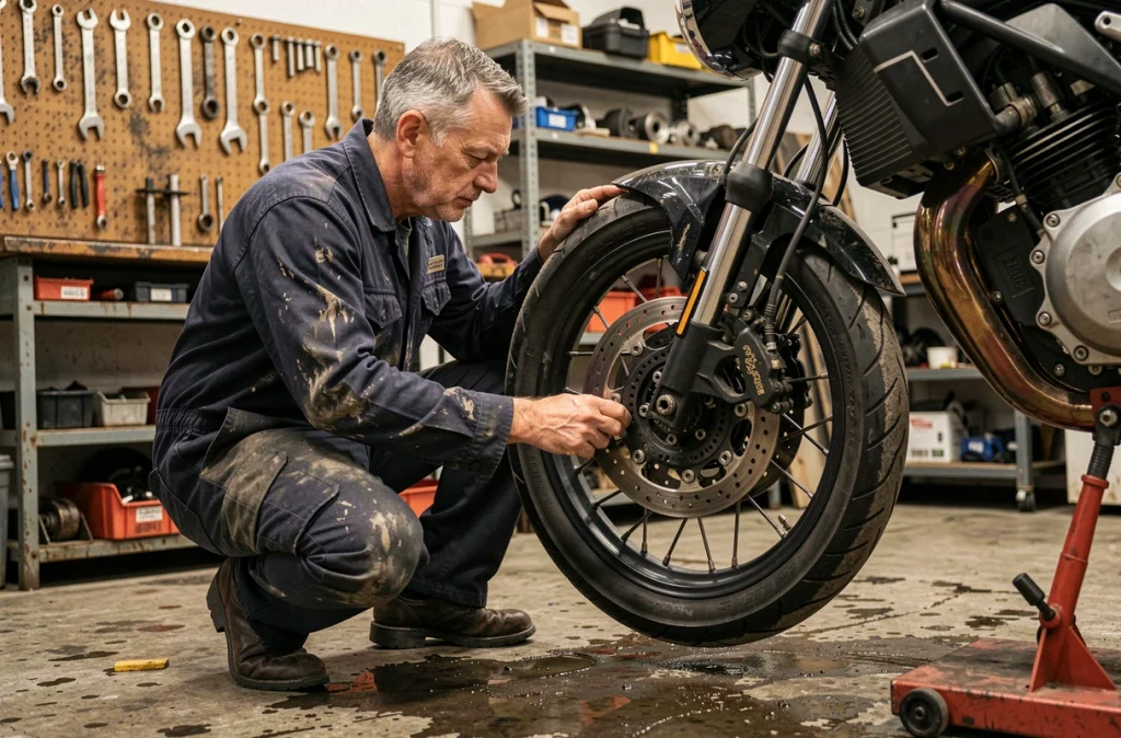 Mécanicien moto en uniforme bleu marine inspectant le disque de frein d'une moto dans un garage indépendant, en lien avec les vérifications liées au contrôle technique moto 2026