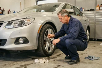 Mécanicien inspectant une voiture garée dans un atelier automobile, illustrant l'assurance voiture au garage