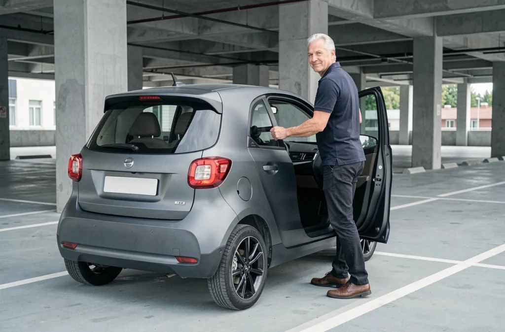 Homme sortant d'une microvoiture électrique grise dans un parking urbain contemporain