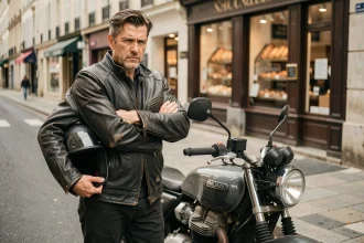 Motard en veste cuir noir bras croisés à côté de sa moto dans une rue urbaine française, illustrant le boycott du contrôle technique moto en 2026