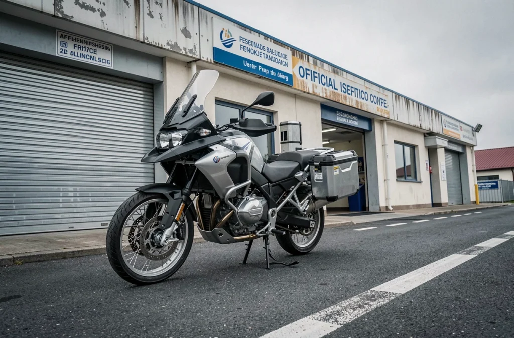 Moto de tourisme garée devant un centre de contrôle technique officiel en France, symbolisant l'obligation légale et le boycott du contrôle technique moto 2026