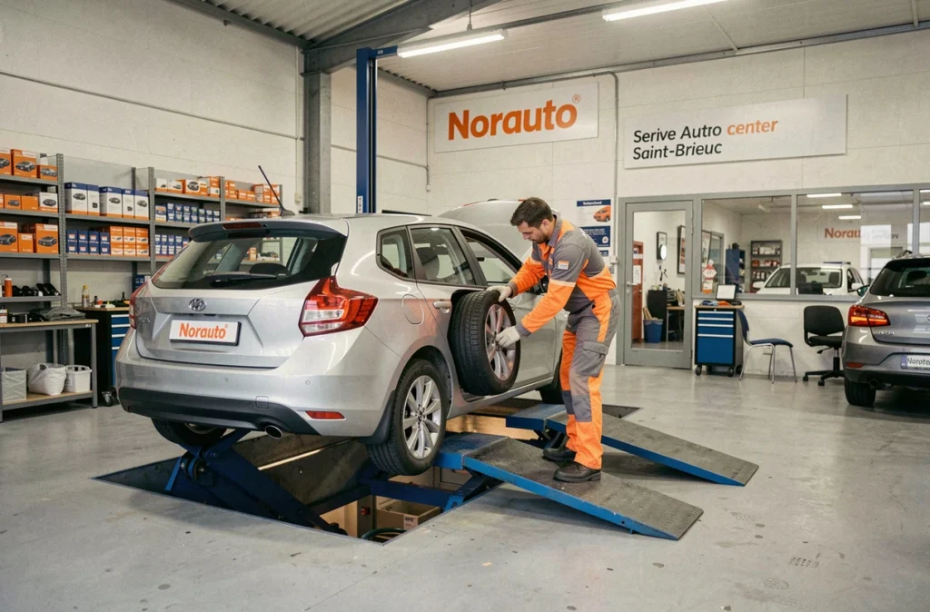 Technicien en uniforme Norauto effectuant un changement de pneu sur un véhicule surélevé au centre auto de Saint-Brieuc