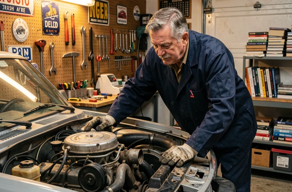 Passionné de Renault 10 inspectant le moteur arrière dans un garage atelier vintage rempli d'outils, photo éditoriale réaliste
