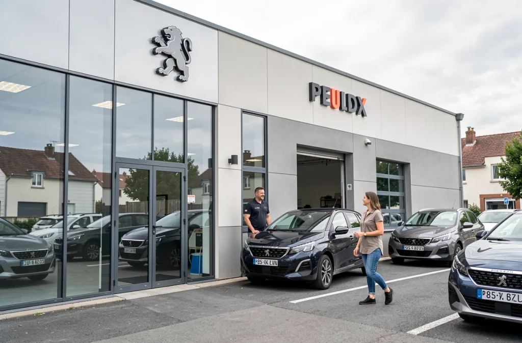 Façade du garage Peugeot GDE Chalambert avec un conseiller accueillant une cliente pour un service carrosserie