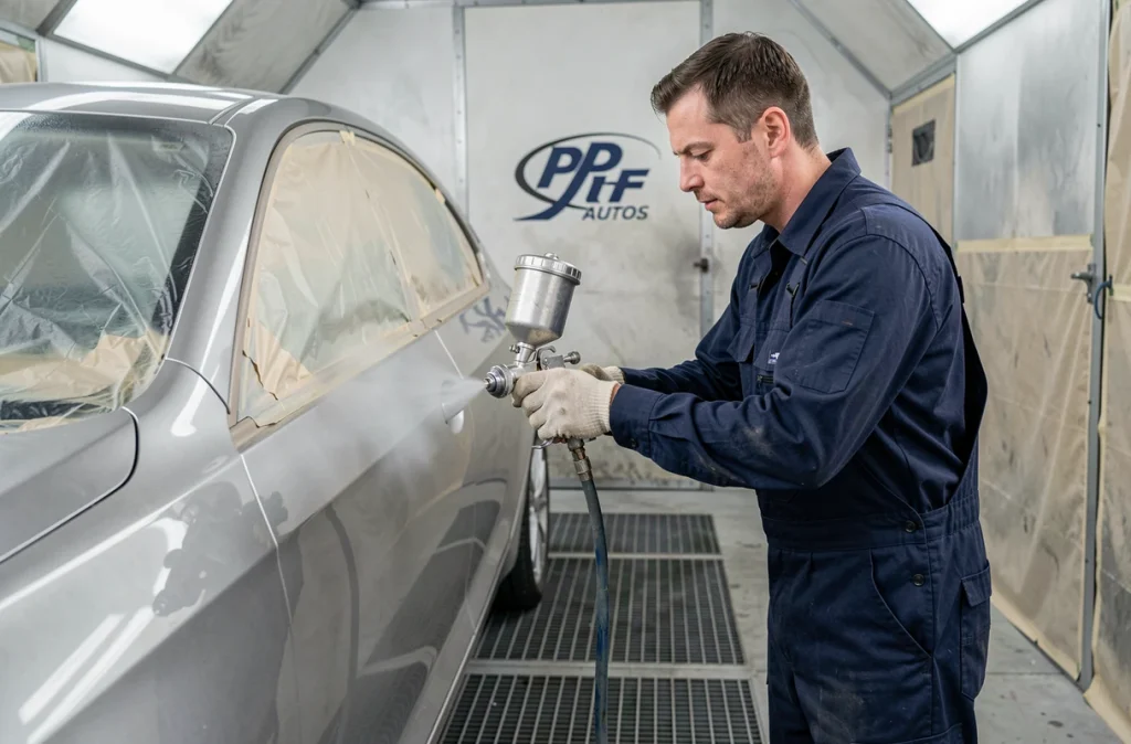Technicien de PF Autos appliquant une couche de peinture assortie sur une carrosserie dans une cabine de peinture professionnelle