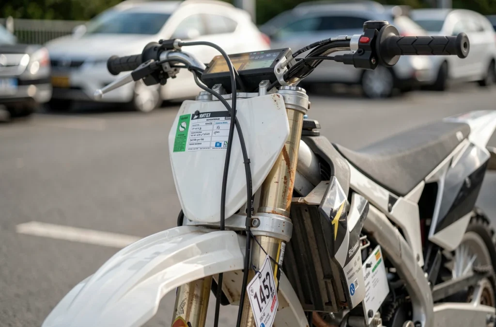 Gros plan sur la plaque d'immatriculation et le guidon d'une moto cross avec vignette d'assurance visible sur le véhicule