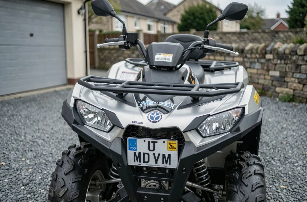 Gros plan sur une plaque d'immatriculation et les rétroviseurs d'un quad homologué garé dans une allée privée