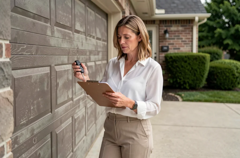 Femme propriétaire consultant des documents d'assurance devant le garage de sa maison avec sa voiture
