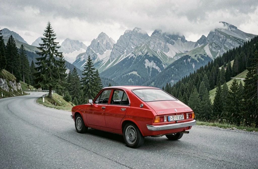 Renault 8 rouge style Gordini sur une route de montagne alpine sinueuse, vue grand angle arrière avec décor de forêt de pins et sommets rocheux