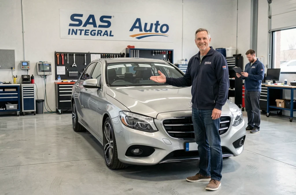 Responsable de SAS Integral Auto présentant fièrement un véhicule parfaitement restauré dans l'atelier de carrosserie