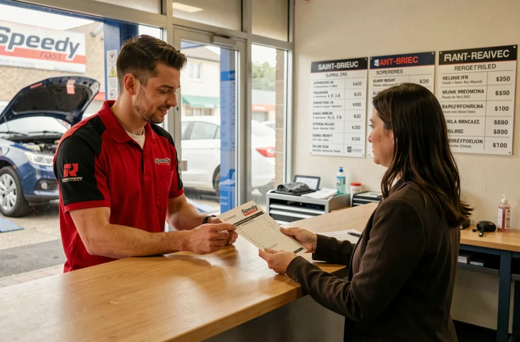 Mécanicien Speedy présentant un devis transparent à une cliente au comptoir du centre de réparation rapide de Saint-Brieuc