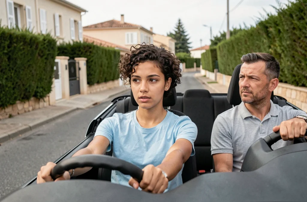 Élève concentrée au volant lors d'une leçon avec Tip Top Conduite dans une rue résidentielle de Fréjus