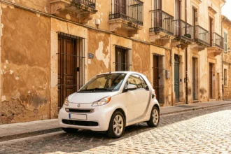 Petite voiture sans permis garée dans une rue pavée du centre historique de Nîmes