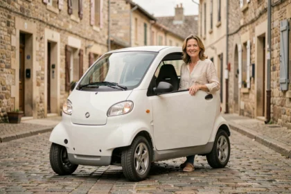 Femme souriante à côté d'une voiture sans permis blanche garée dans une rue pavée de village français