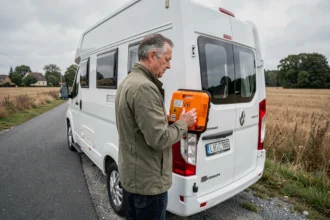 Homme fixant une balise V16 homologuée sur la porte arrière d'un camping-car blanc garé sur le bord d'une route rurale