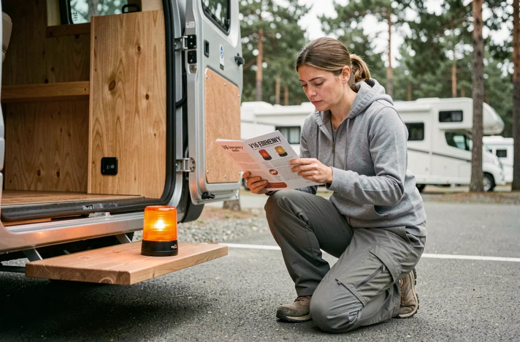 Femme consultant la notice d'une balise V16 posée sur le marchepied de son van aménagé dans un camping